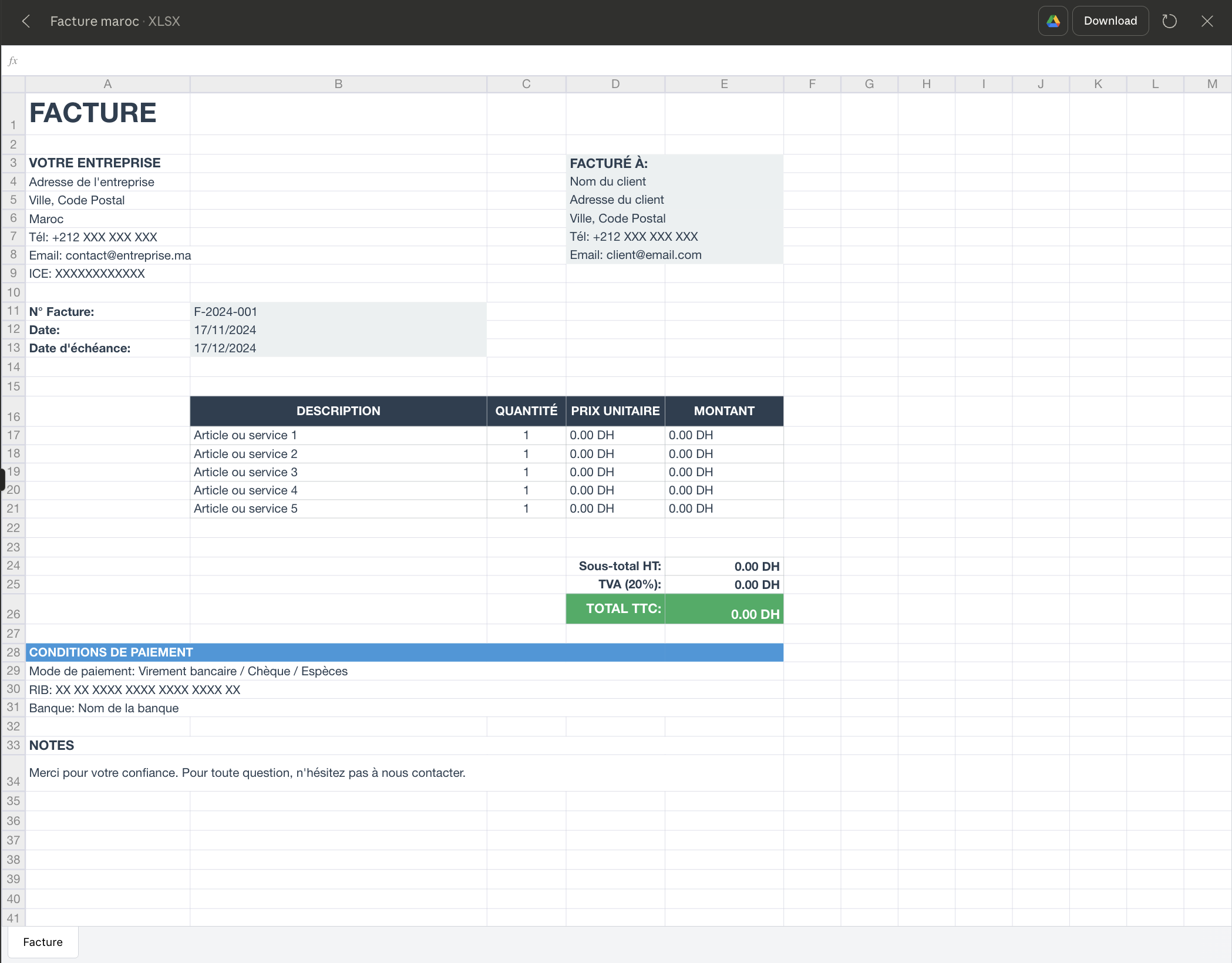 Modèle de Facture Professionnelle Excel pour Entreprises Marocaines