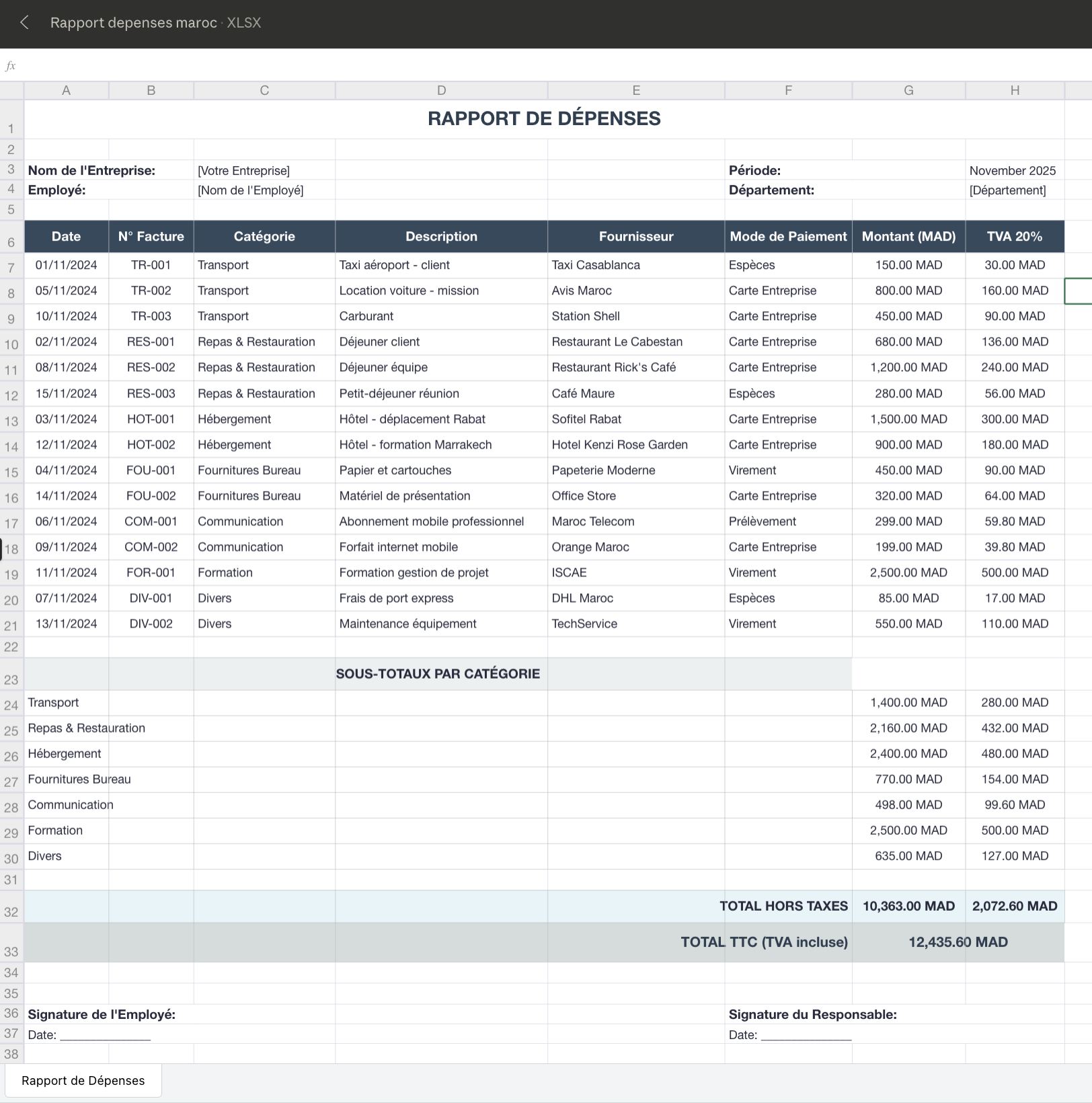 Rapport de Dépenses Excel Professionnel - Modèle Marocain en Français (MAD)
