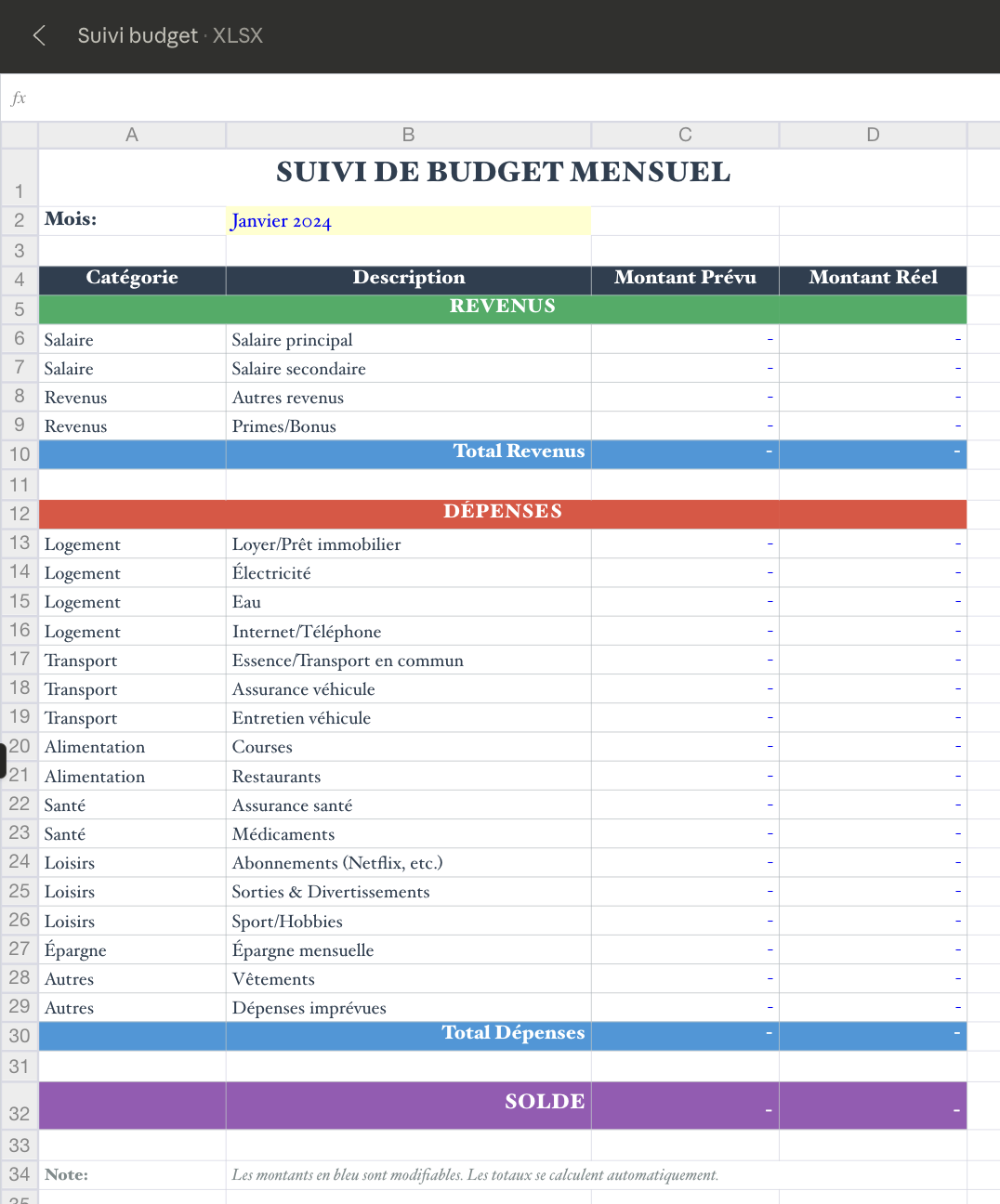 Tracker de Budget Mensuel Excel - Suivi des Finances Personnelles en Français
